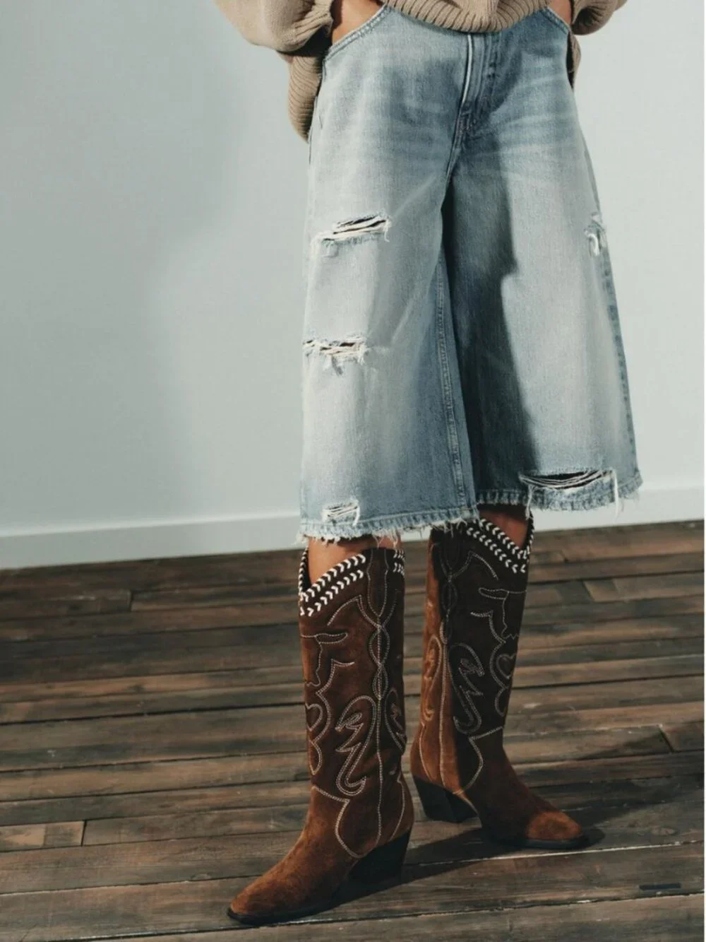 ZARA Suede Embroidered Cowboy Boots | Heart Cutout | Whipstitch | Brown | NWT |